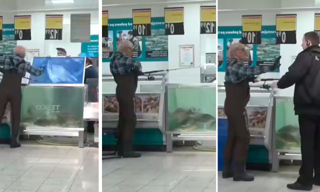 Vide&oacute;n, ahogy horg&aacute;szbottal akart&aacute;k kifogni a kar&aacute;csonyi pontyot egy Tesc&oacute;ban