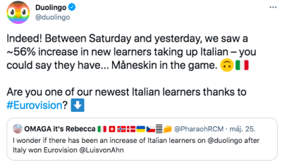 Az Eurov&iacute;zi&oacute;s dalverseny &oacute;ta 56 sz&aacute;zal&eacute;kkal emelkedett az olaszul tanul&oacute;k ar&aacute;nya Duolingon